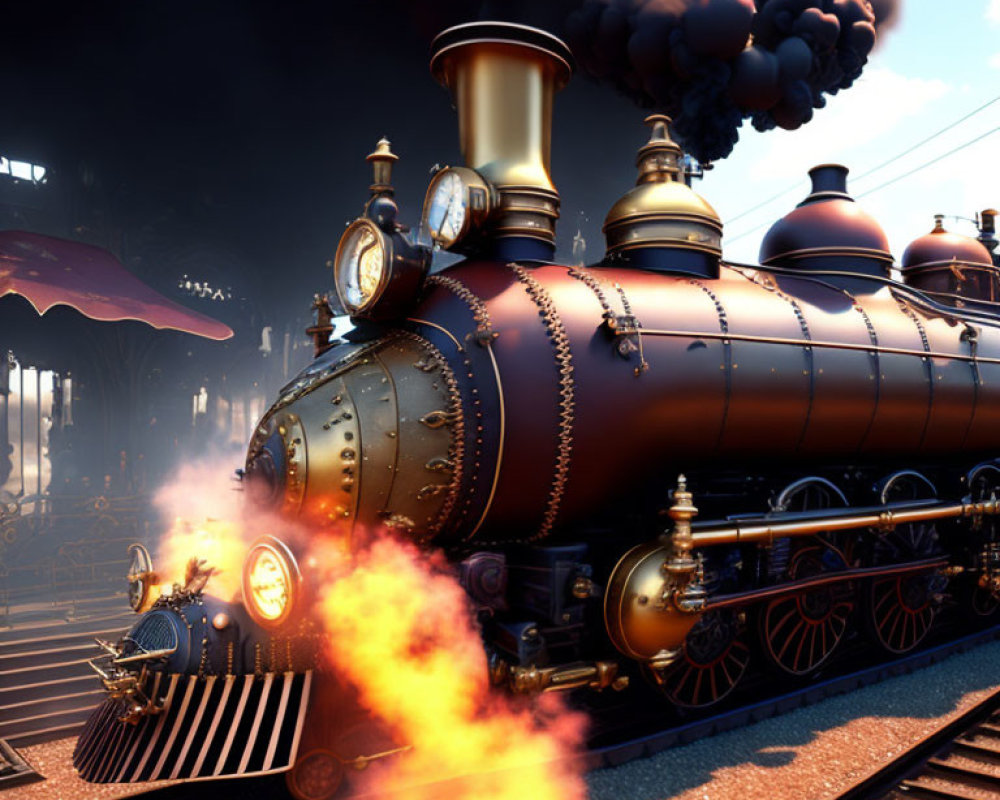 Vintage steam locomotive emitting black smoke and sparks at dusk.