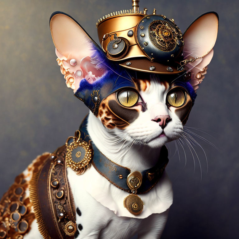 Steampunk-themed cat with goggles and gear-adorned hat