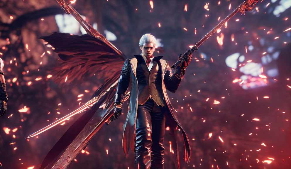 Silver-Haired Character with Black Wings Holding Staff in Dark Fantasy Setting