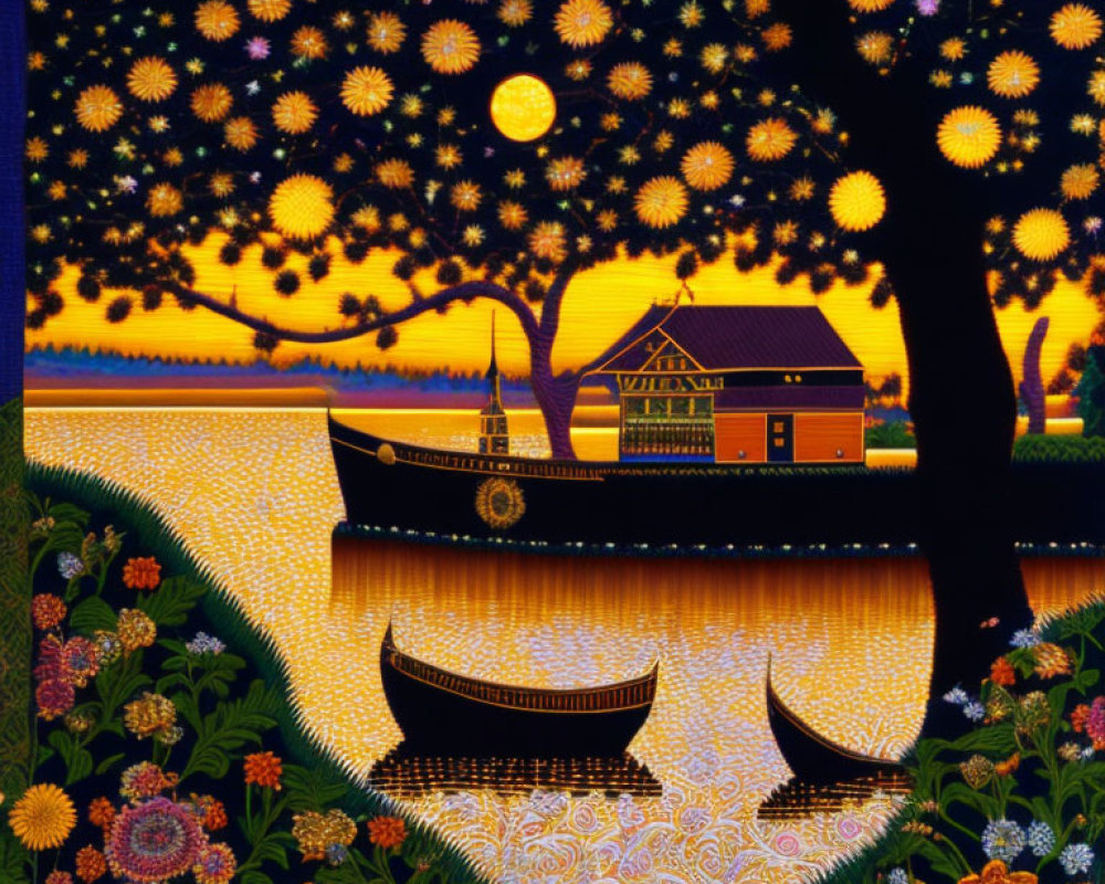 Colorful stylized painting of nocturnal riverscape with boats, house, tree, and starry