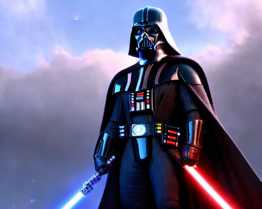 Figure in Black Helmet and Armor with Red Lightsaber on Cloudy Sky Background