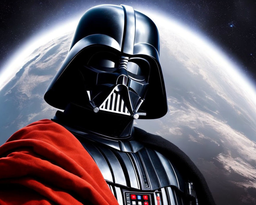 Darth Vader close-up with red cape and black helmet in space scene