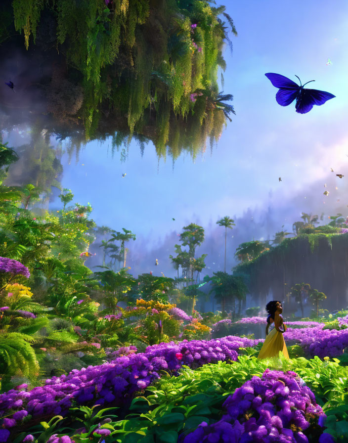 Woman in yellow dress surrounded by purple flowers and blue butterfly under floating island with waterfalls