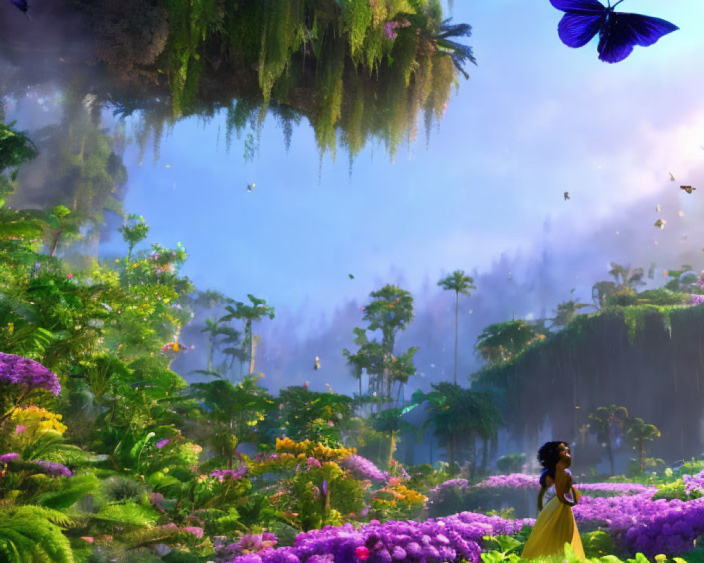 Woman in yellow dress surrounded by purple flowers and blue butterfly under floating island with waterfalls