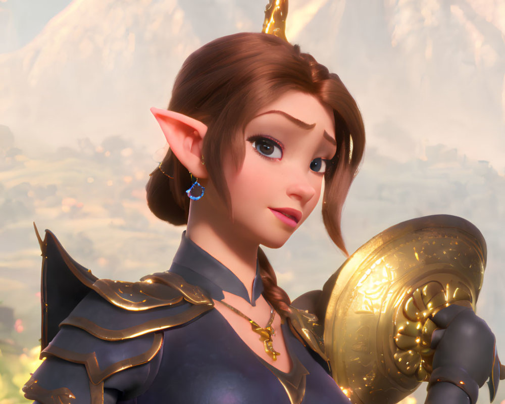 Fantasy animated female character with elf ears and unicorn horn in armor against scenic backdrop