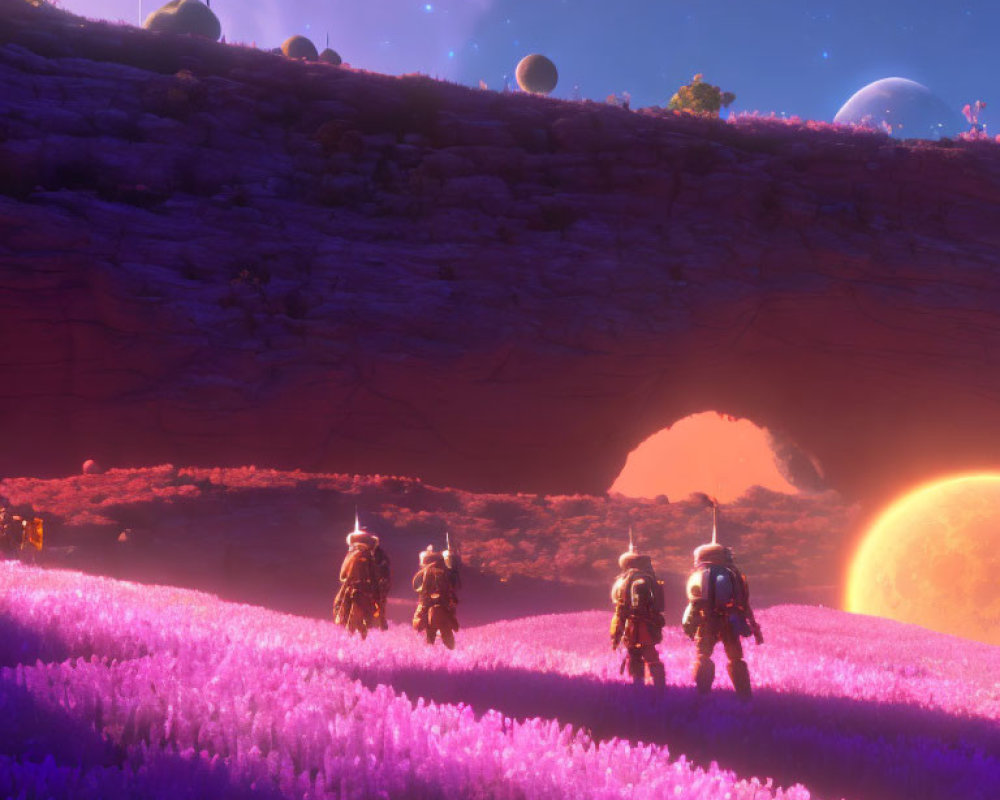 Astronauts on vibrant purple alien landscape with orange planet horizon