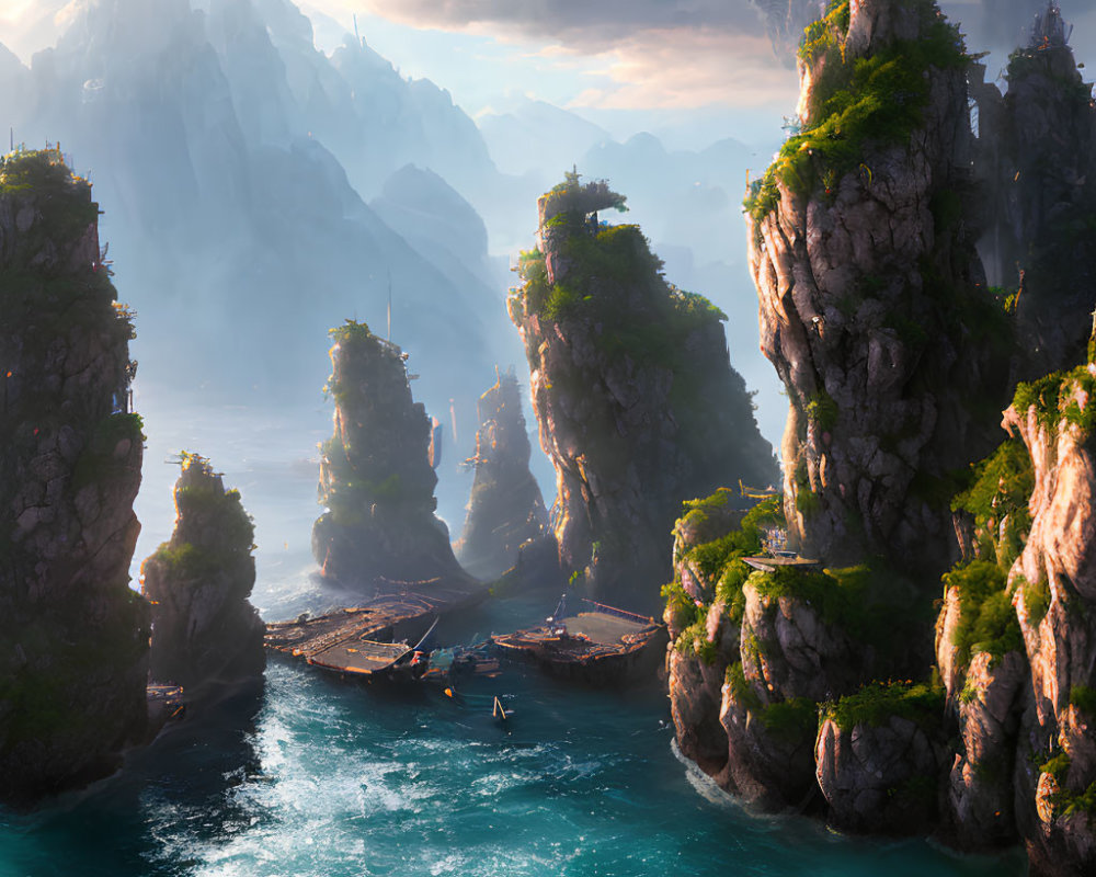 Fantasy landscape with towering rocks, greenery, calm sea, docks, and sailing boat