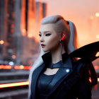 Blonde woman in futuristic armor against cityscape at dusk