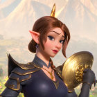Fantasy animated female character with elf ears and unicorn horn in armor against scenic backdrop