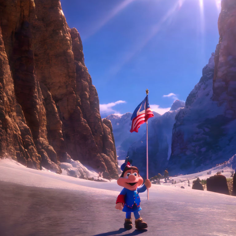 Patriotic animated character in snowy mountain pass with flag