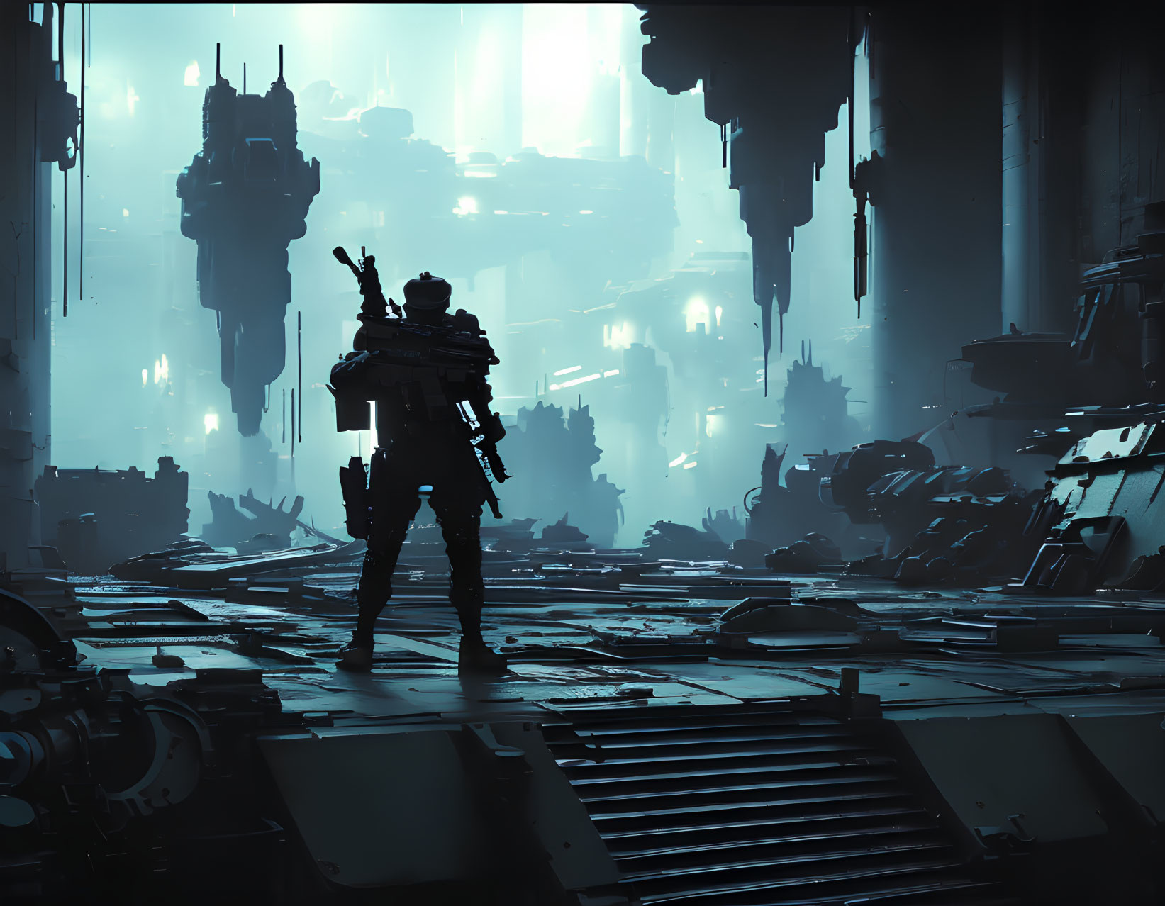 Lone figure in futuristic cityscape with towering structures and falling debris