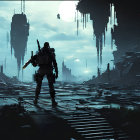 Lone figure in futuristic cityscape with towering structures and falling debris
