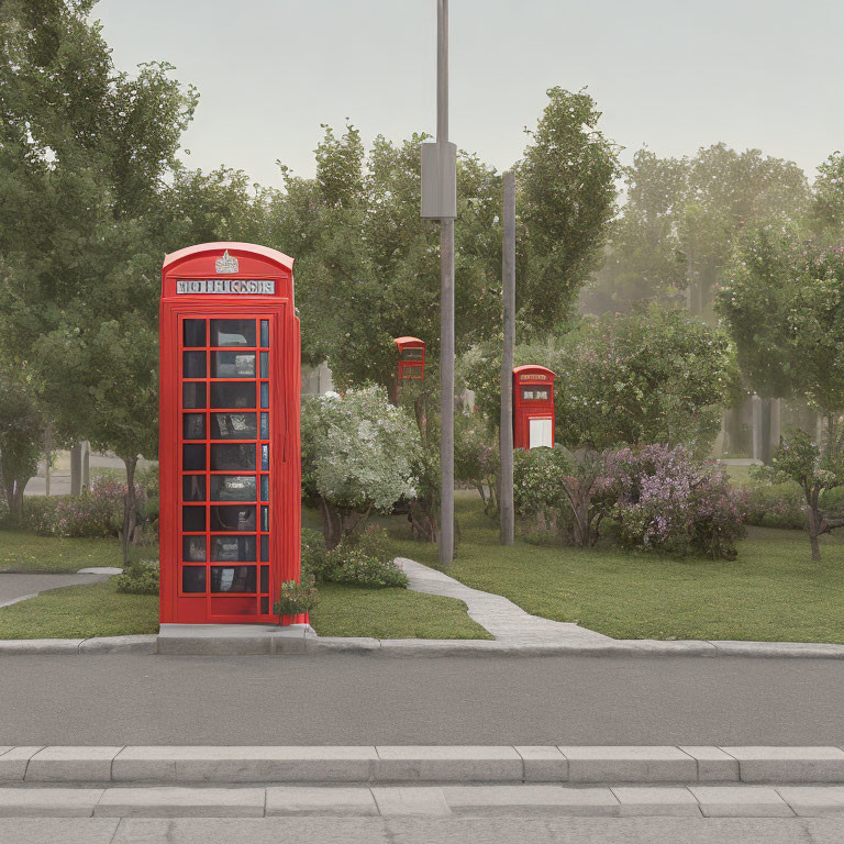 Iconic red telephone booth and post box on peaceful street corner