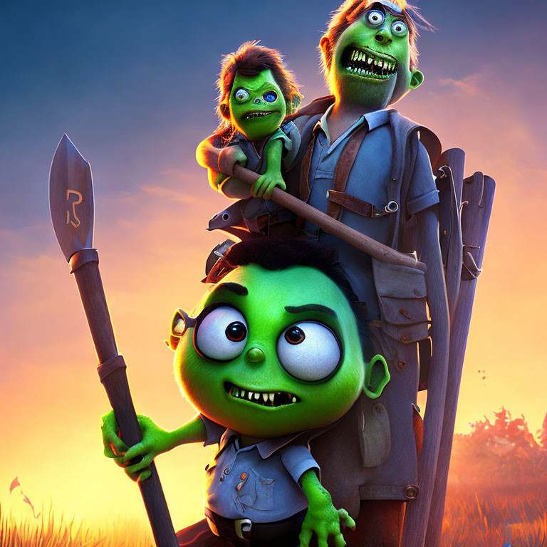 Animated zombie characters with backpack, shovel, and spear in sunset-lit field