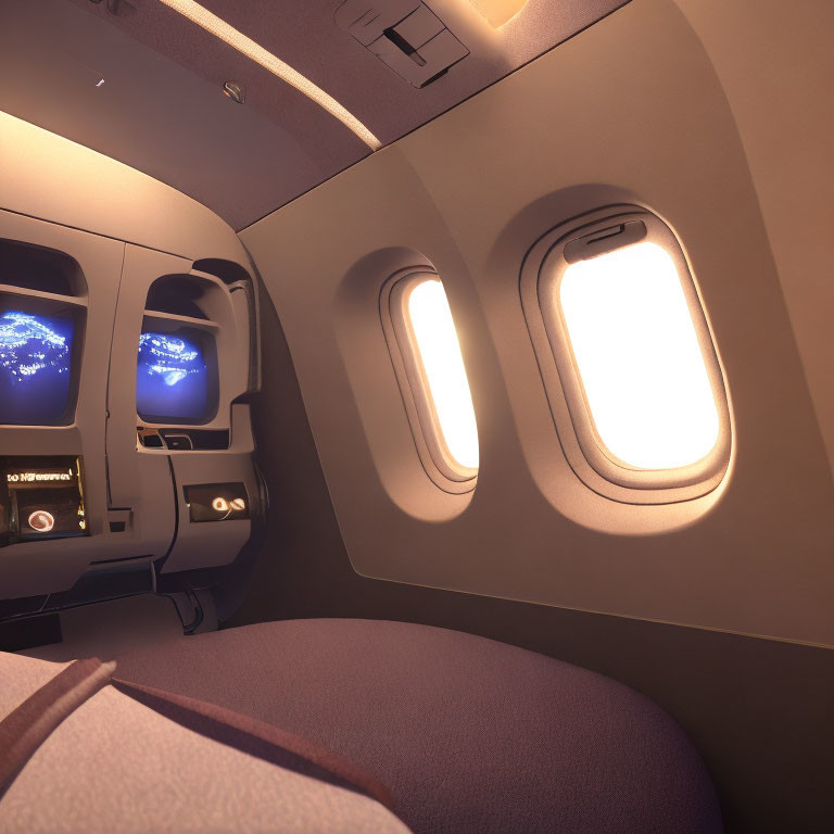 Aircraft cabin interior with two windows, seats, and star map screens