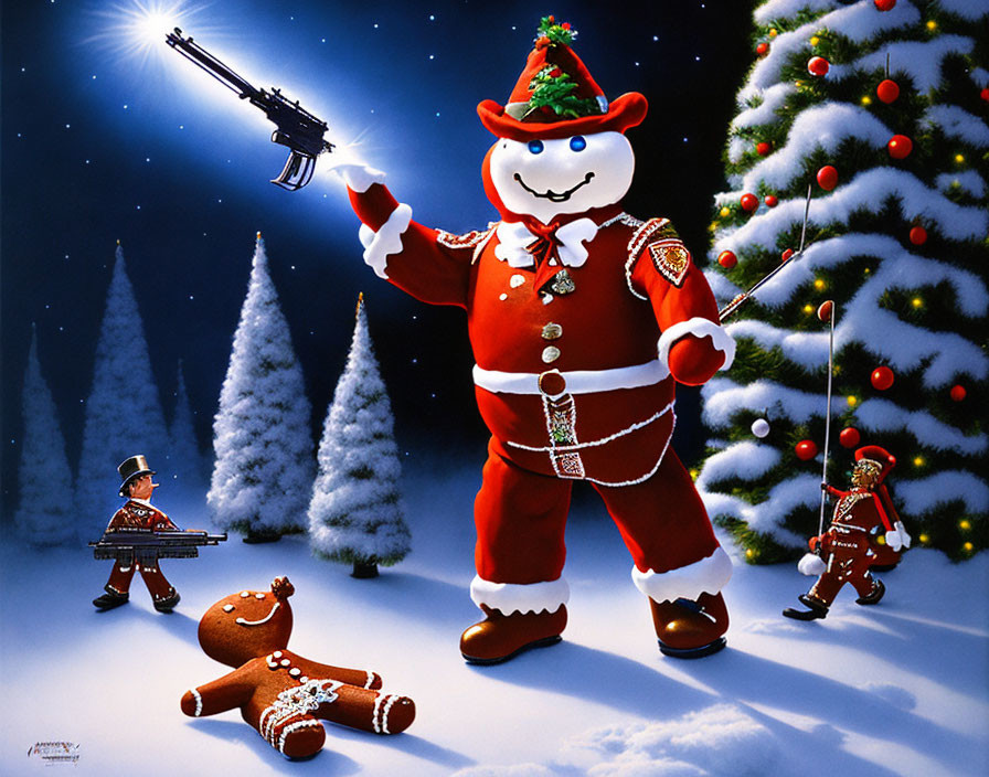 Snowman Santa with Festive Characters in Snowy Christmas Scene