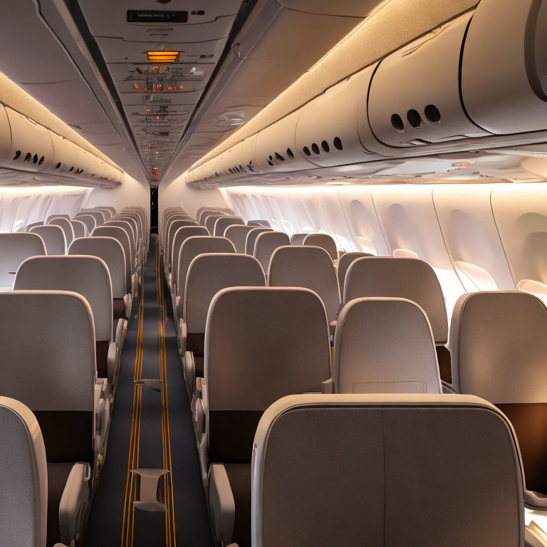 Empty airplane interior with rows of seats, overhead compartments, and aisle