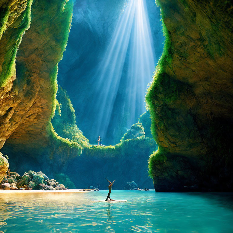 Sunlit cave with lush greenery, turquoise pool, and two figures