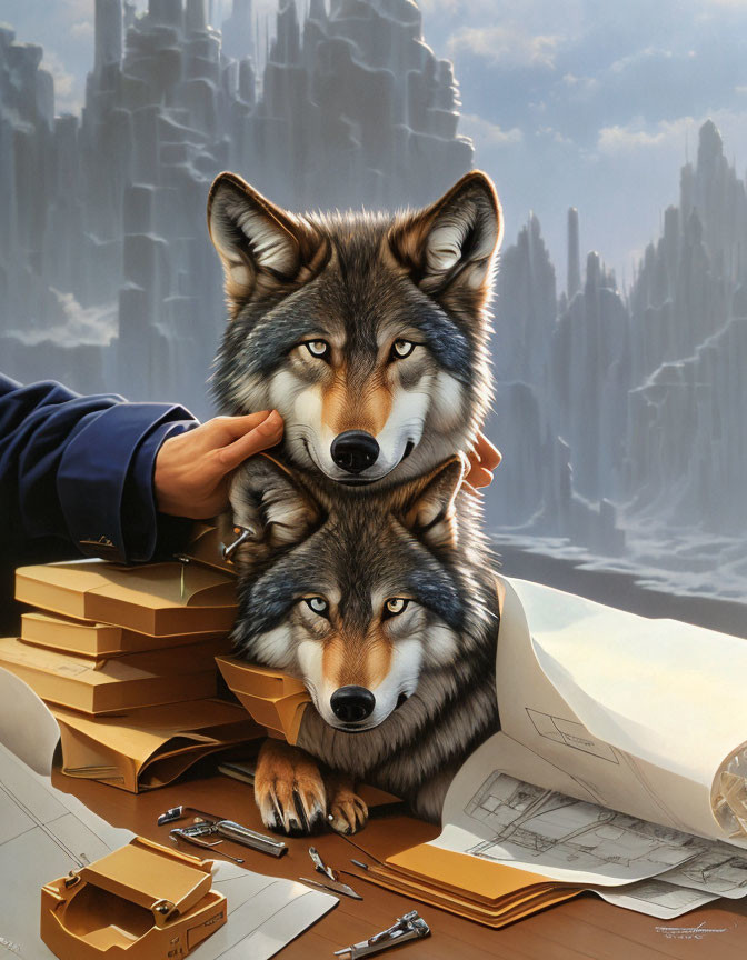 Illustration of hand petting two wolves in office setting