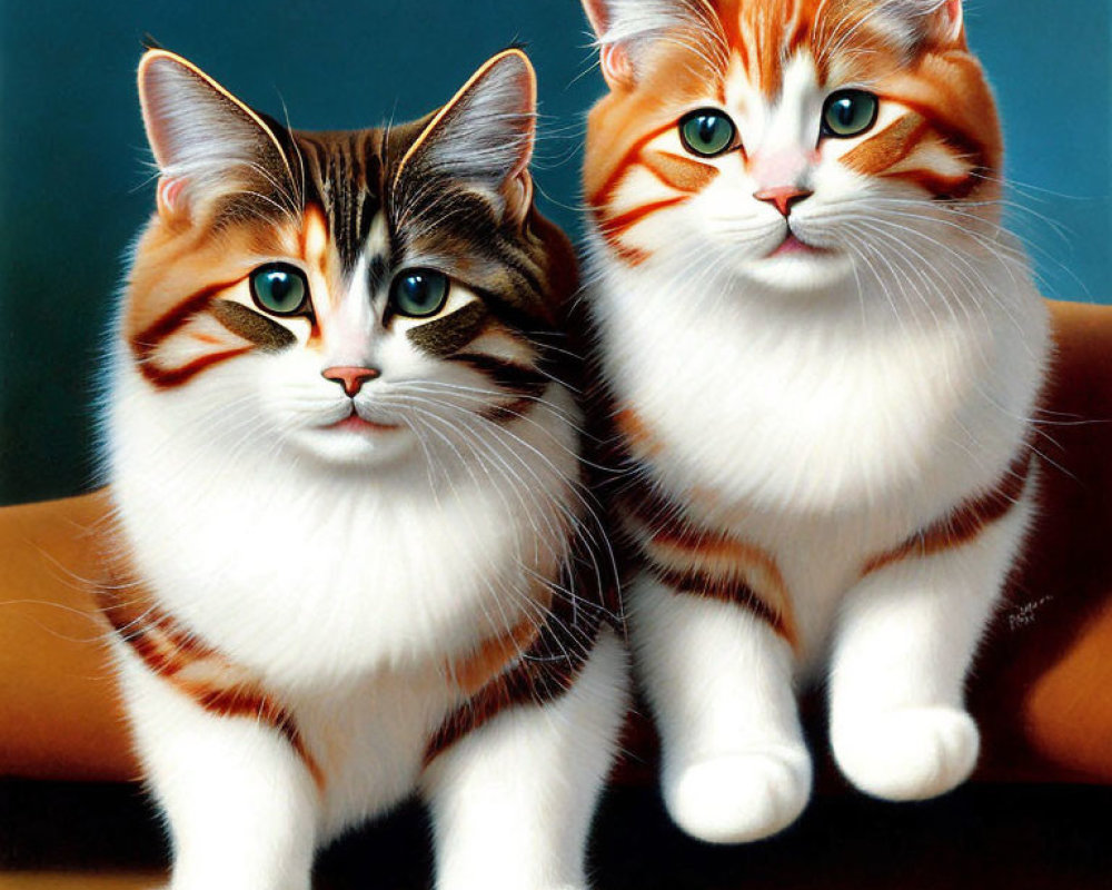 Two Cats with Green Eyes and Colorful Fur on Blue Background