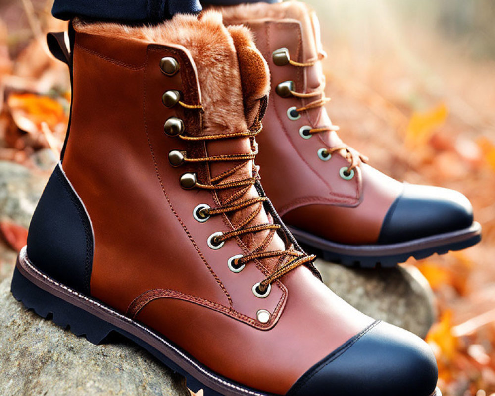 Brown Leather Boots with Fur Lining Over Blue Jeans on Autumn Background