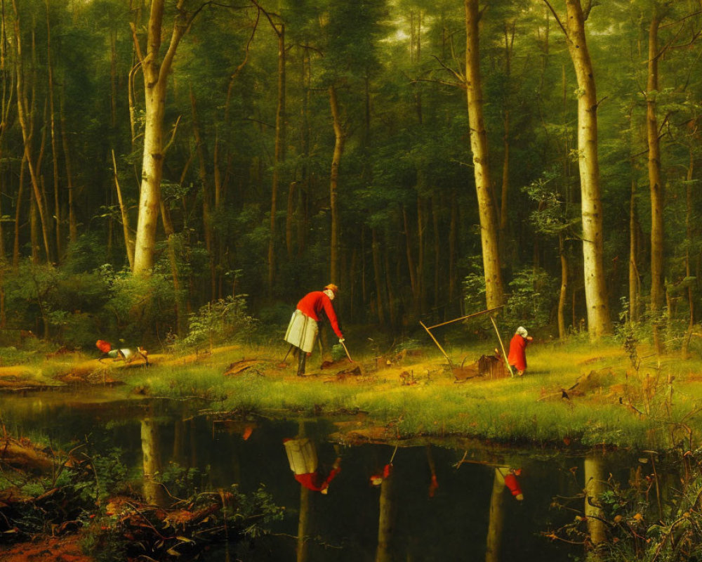 Tranquil woodland scene with figures in red cloaks by reflective pond