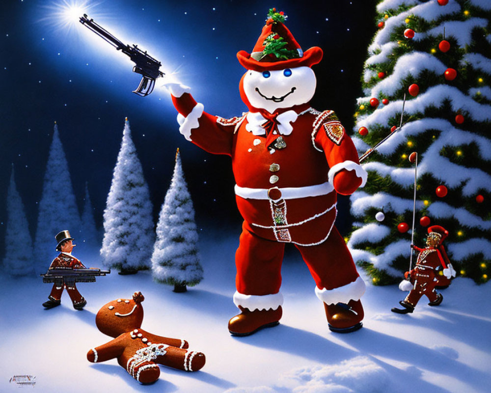 Snowman Santa with Festive Characters in Snowy Christmas Scene
