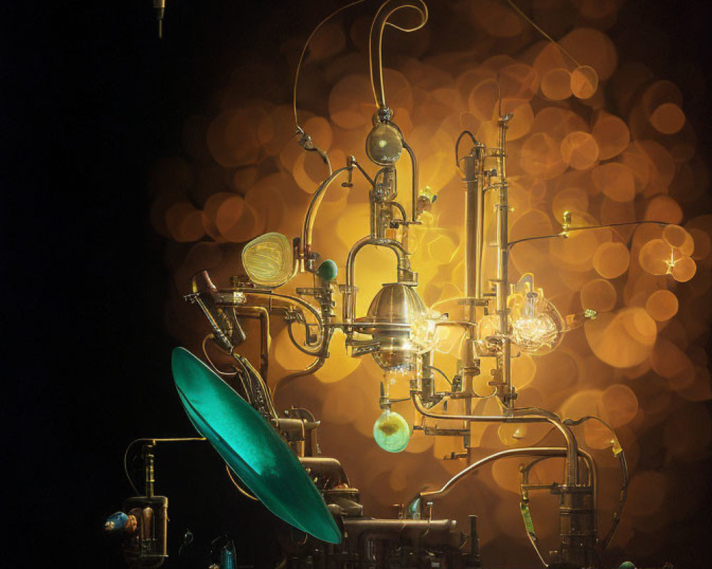 Steampunk apparatus with glowing bulbs and brass fittings on dark background.