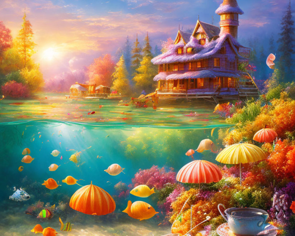 Fantasy Landscape with Whimsical Cottage, Pond, Underwater Life, and Lush Foli
