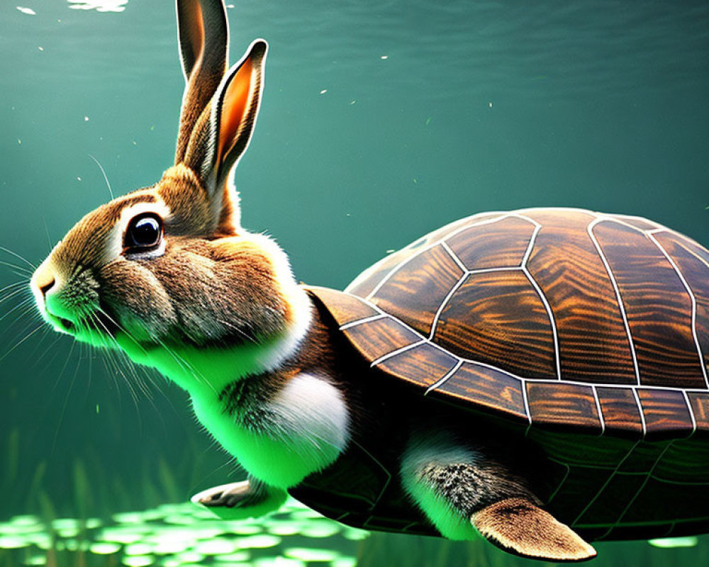 Digital art: Rabbit-turtle hybrid swimming in green aquatic plants