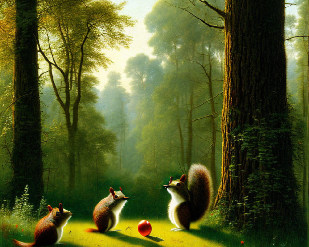 Tranquil forest scene with three squirrels and a red apple
