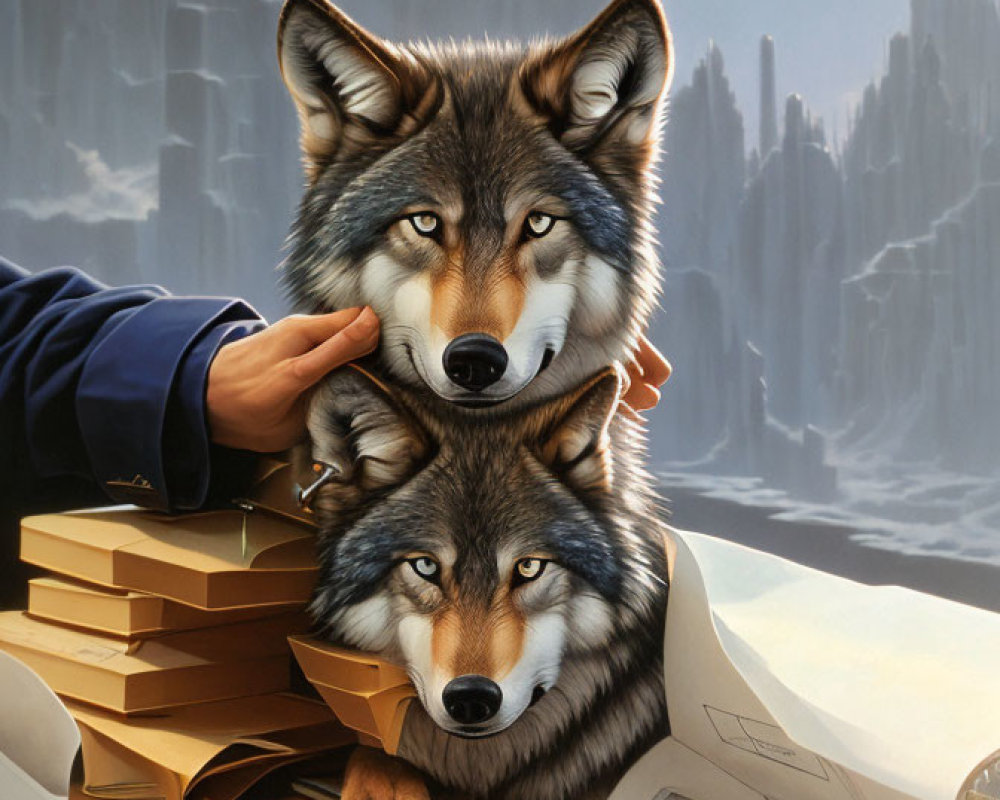 Illustration of hand petting two wolves in office setting