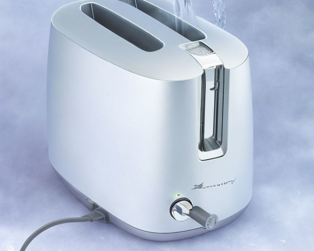 Silver Toaster with Water Pouring Out on Blue Misty Background