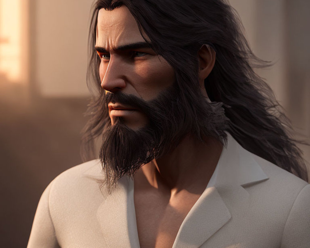 Man with Beard and Long Hair in White Jacket, Serious Expression