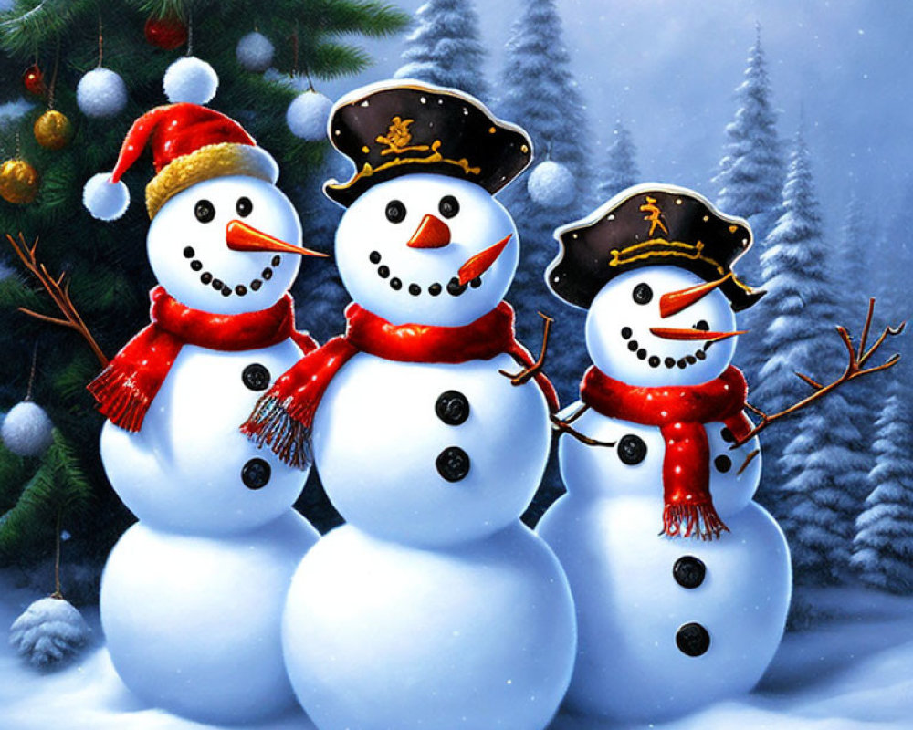 Cheerful snowmen with hats and scarves in snowy winter scene