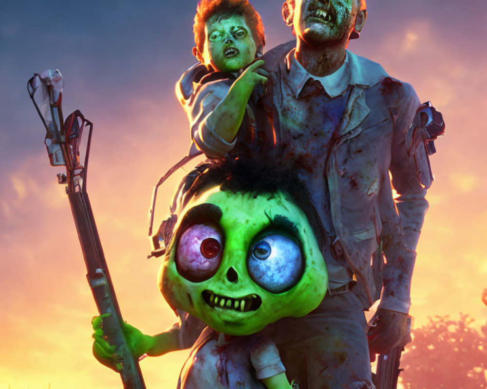 Stylized zombie family illustration at sunset