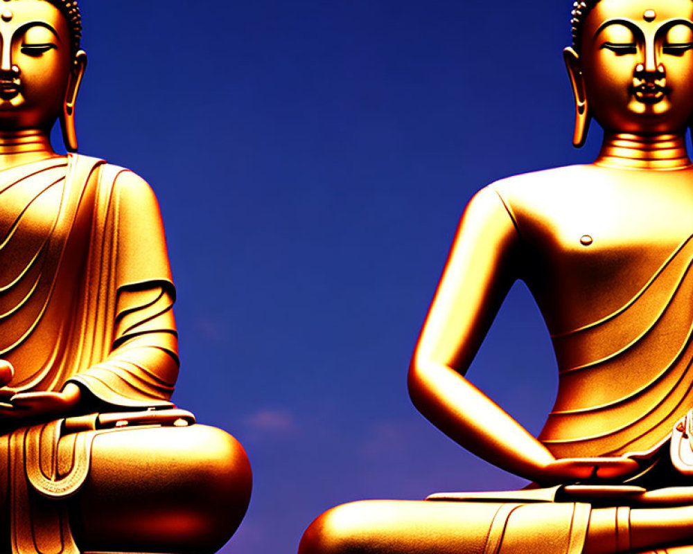 Golden Buddha statues meditating under deep blue sky