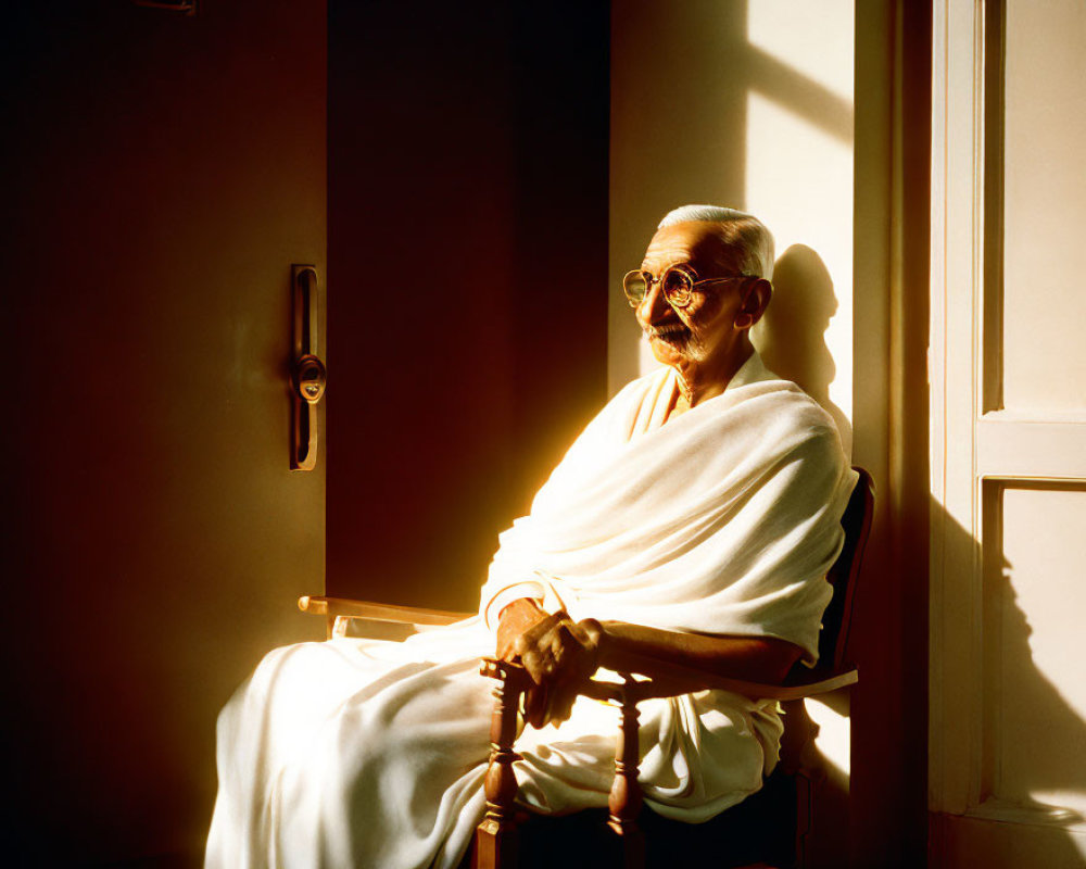 Elderly man in white attire sitting by door in warm sunlight