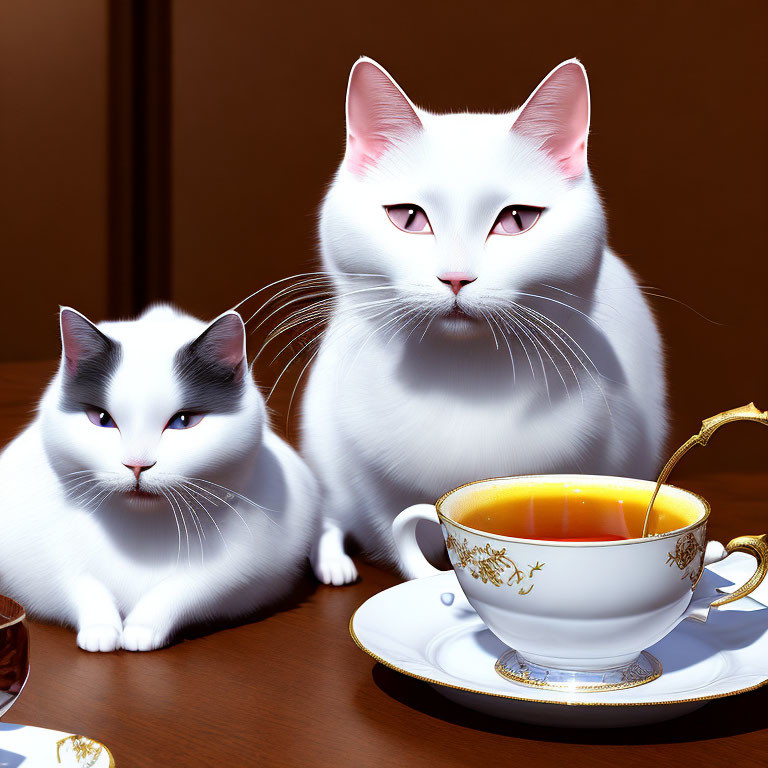 Two White Cats with Unique Black Markings Beside Teacup on Wooden Surface