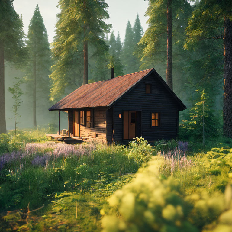 Rustic wooden cabin in sunlit forest clearing