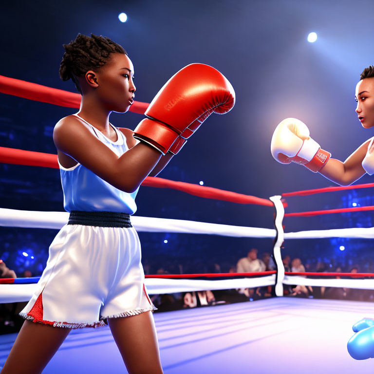 Animated female boxers in red and blue gloves face off in a boxing ring with an audience.
