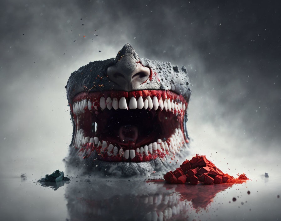 Menacing shark emerges from cracked surface with sharp teeth.