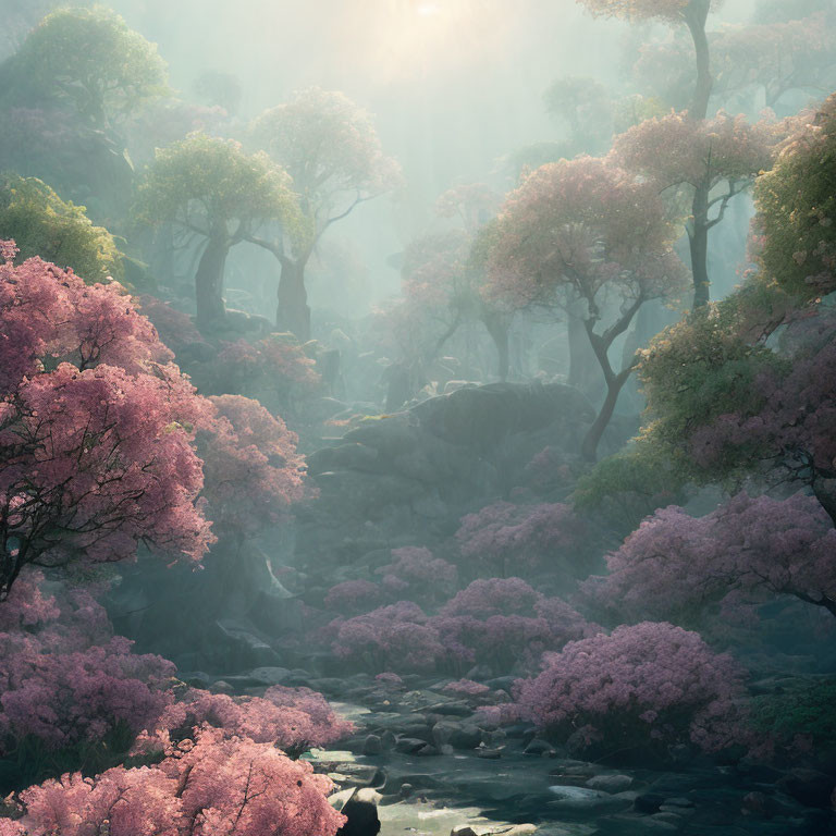 Serene forest with pink flowering trees and misty light by gentle stream