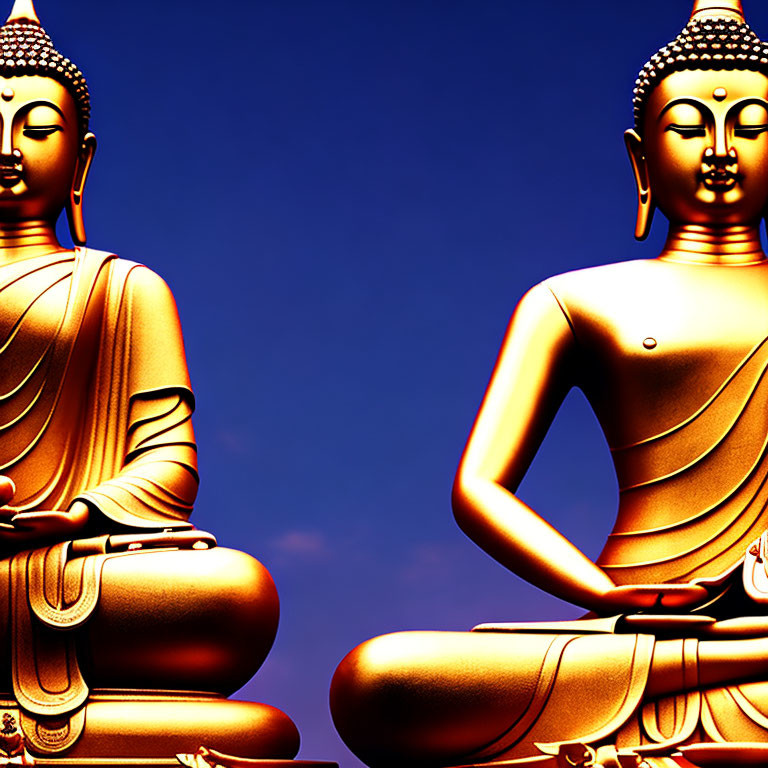 Golden Buddha statues meditating under deep blue sky