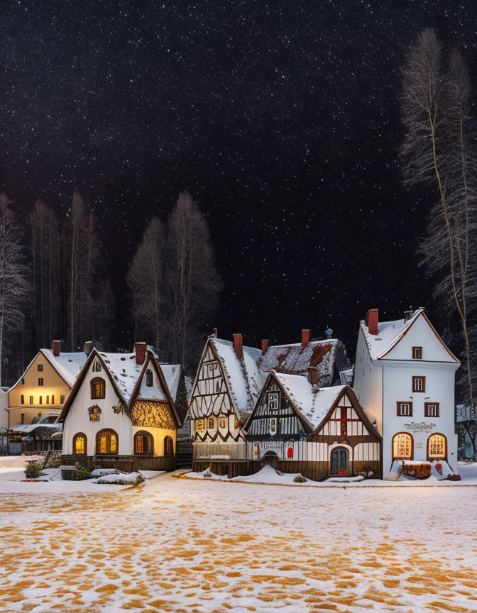Quaint Village Covered in Snow at Night