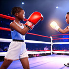 Animated female boxers in red and blue gloves face off in a boxing ring with an audience.
