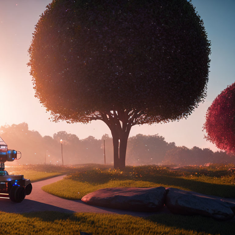 Tranquil park scene at sunset with trimmed tree, rocks, and robotic lawnmower