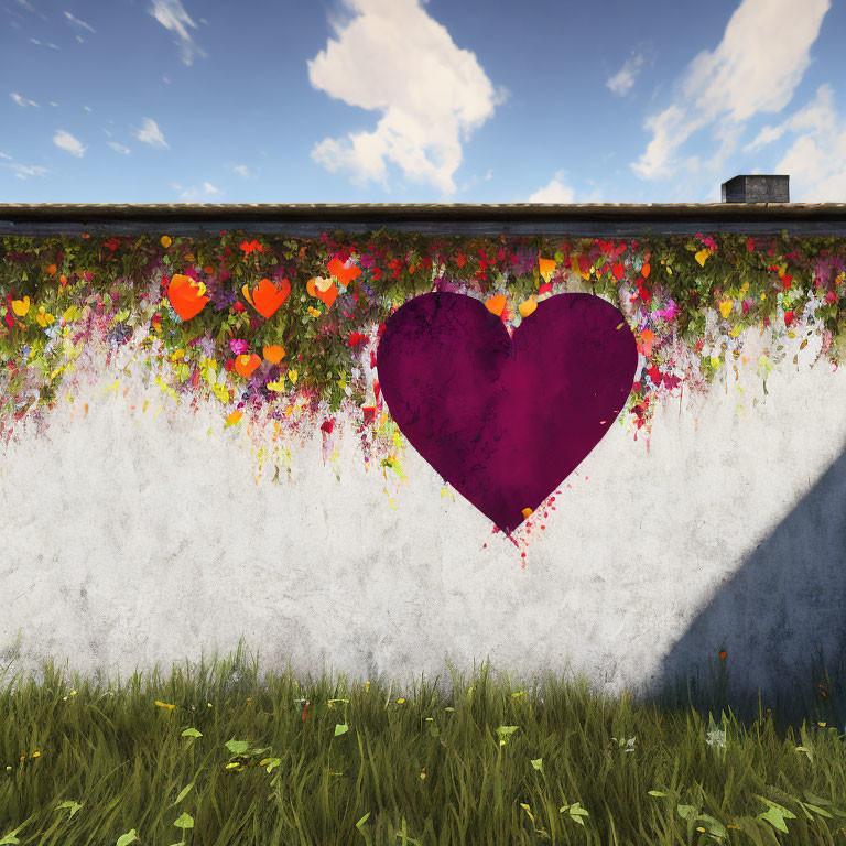 Colorful purple heart mural with flowers and vines under blue sky