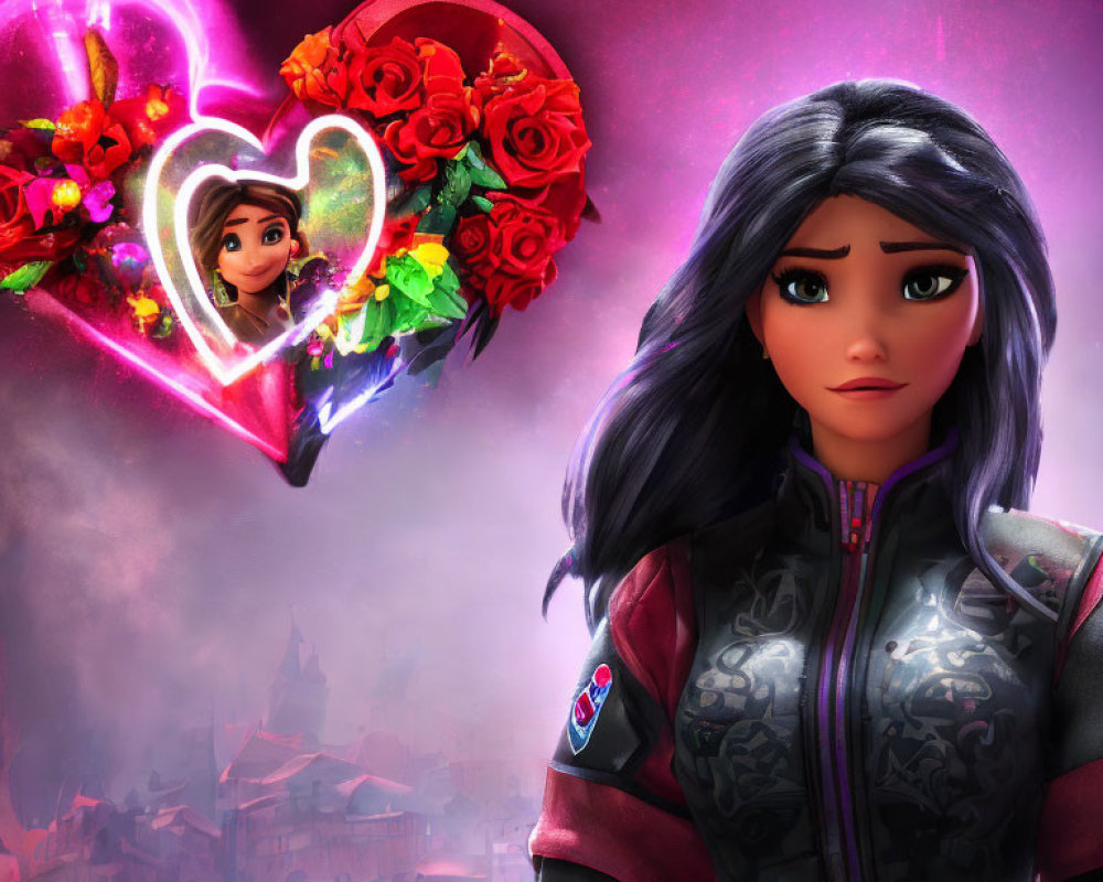 Purple-haired animated female character in futuristic outfit with heart-shaped wreath.
