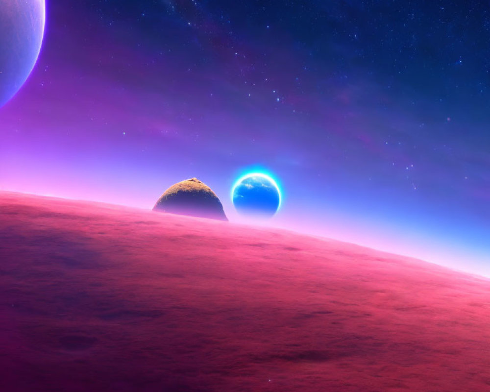 Colorful cosmic scene: purple planet, distant moon, and glowing orb in starry sky